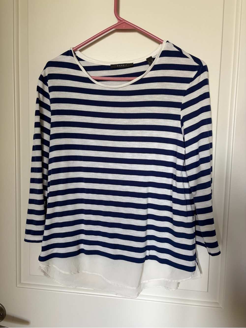 Esprit Blue and White Striped Long-Sleeve Top with Sheer Hem